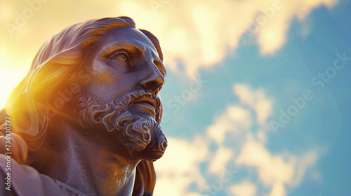 Statue of Jesus Christ with beard and long hair  stone  looking in the sky  majestic and asking and waiting