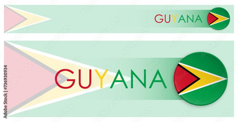 Guyana flag horizontal web banner in modern neomorphism style. Webpage Guyana country header button for mobile application or internet site. Vector
