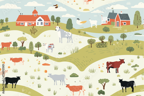 a farm scene with cows and a barn