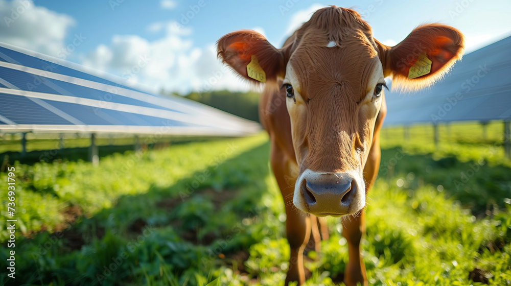 Cow Grazing Among Solar Panels: Agriculture Meets Green Energy