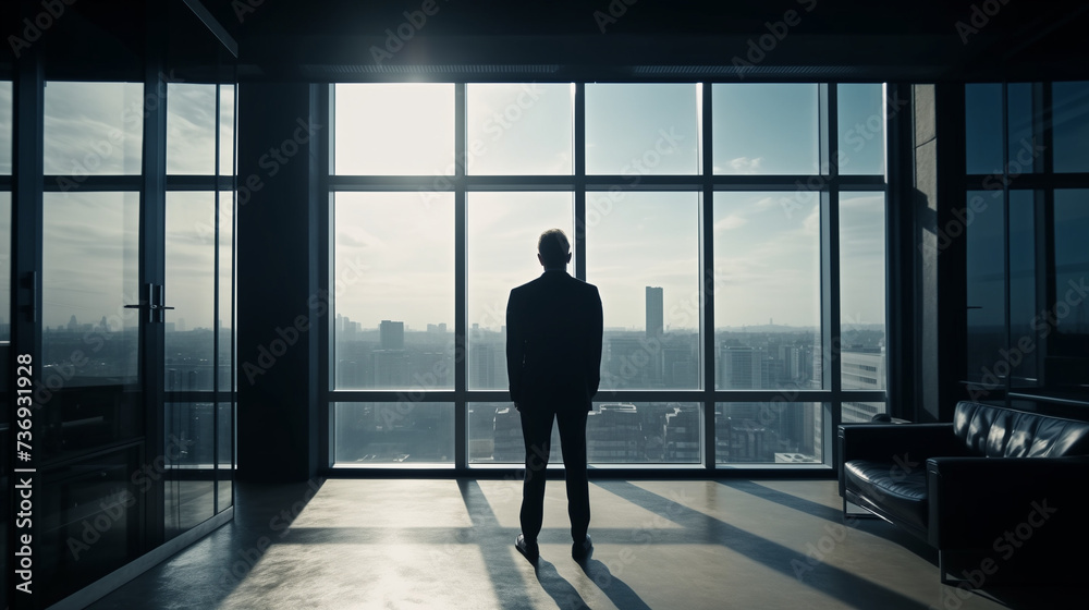 Businessman in Office Contemplating Next Investments - Black and White Image