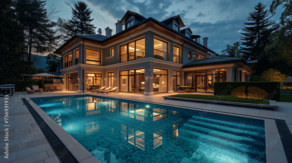 Beautiful home exterior and large swimming pool on  sun set sky.
