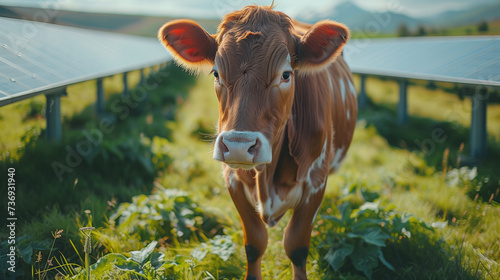 Cow Grazing Among Solar Panels: Agriculture Meets Green Energy