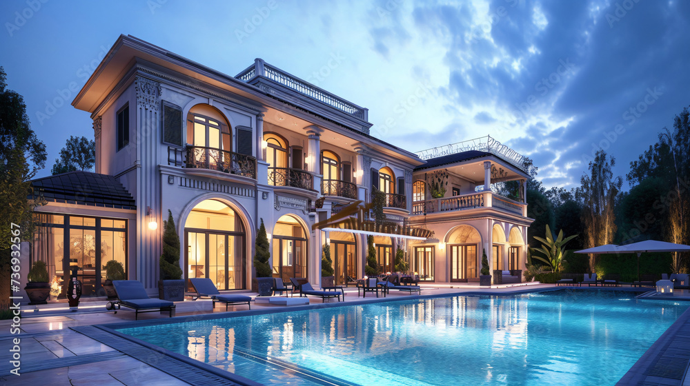 Fototapeta premium Beautiful home exterior and large swimming pool on sun set sky.
