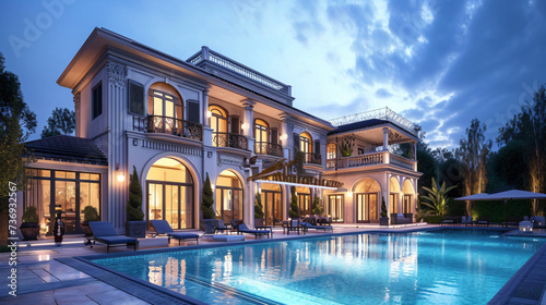 Beautiful home exterior and large swimming pool on sun set sky.