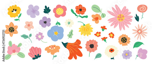 Collection of spring colorful flower elements vector. Set floral of wildflower, leaf branch, foliage on white background. Hand drawn blossom illustration for decor, easter, thanksgiving, clipart.
