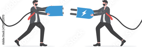 Disconnected business, broken communication, 404 or disconnect from social media distraction or monitor screen, young man and young adult woman pull electric socket plug to disconnect from internet.

