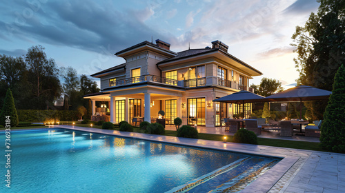 Beautiful home exterior and large swimming pool on  sun set sky. © daniel