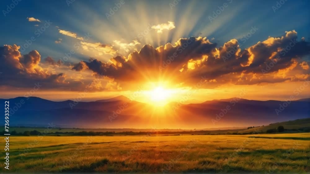 The sun rises on a new day in the wide meadow. AI generative The sun rises on a new day in the wide meadow. AI generative
