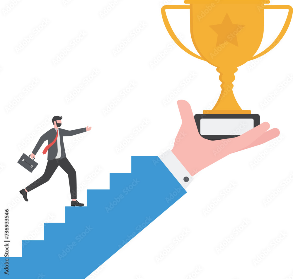 Motivation to achieve goal, small win to motivate employee to succeed in work, effort and ambition to reach target concept, businessman run with full effort to reach trophy cup in giant hand.