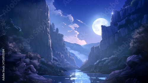 A tranquil canyon bathed in the warm glow of moonlight. Fantasy landscape anime or cartoon style, seamless looping 4k time-lapse virtual video animation background photo