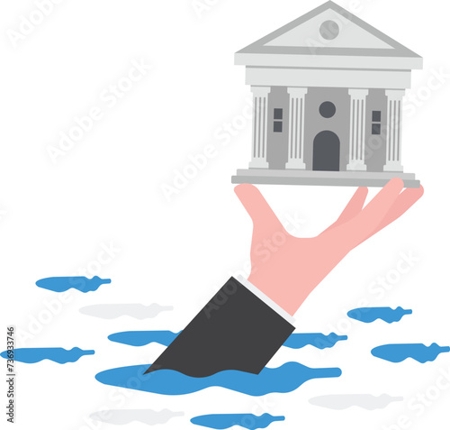Government bailout to help support bank from bankruptcy to prevent banking downfall by injection, buy bonds to pay for loan and obligation concept, government hand help holding bank from risky ocean.
