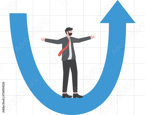 U shape economic recovery after crash concept, businessman professional analyze world economic, business will recover and restore in U shape graph and chart with virus pathogen
