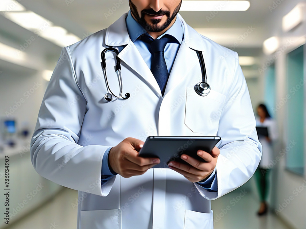 Doctor using tablet and wearing white coat on blurred background in hospital Doctor using tablet and wearing white coat on blurred background in hospital