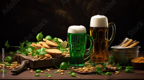 Glass of beer, crackers, nuts and fresh basil on wooden table