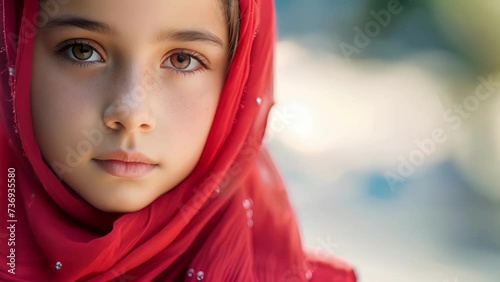 A young girl refusing to wear a hijab feeling the pressure from her nonMuslim friends, Young Girl Wearing a Red Head Scarf photo