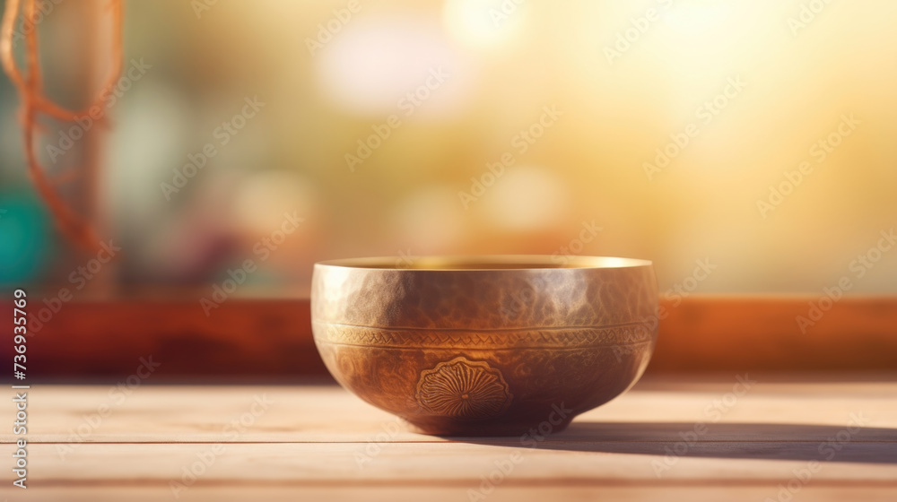 Singing bowl placed on wooden pier Singing bowl placed on wooden pier