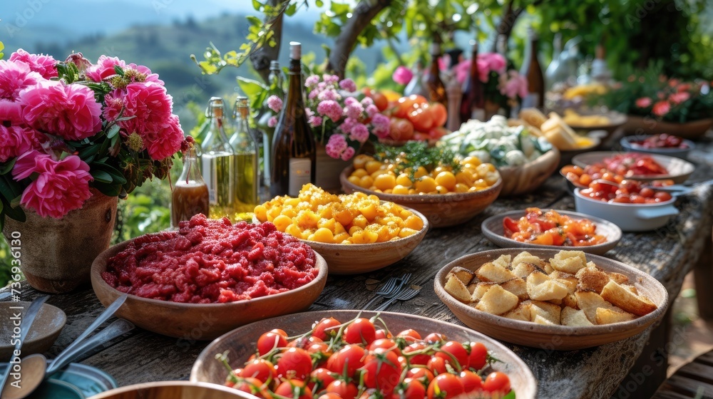 Colorful Farm-to-Table Feast on Rustic Wooden Table