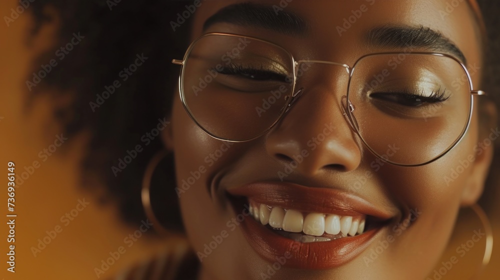 A close-up of a smiling woman with curly hair wearing glasses and gold hoop earrings with a warm soft-focus background. A close-up of a smiling woman with curly hair wearing glasses and gold hoop earrings with a warm soft-focus background.