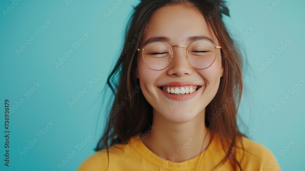 Smiling young woman with glasses closed eyes and wavy hair wearing a yellow top against a light blue background. Smiling young woman with glasses closed eyes and wavy hair wearing a yellow top against a light blue background.