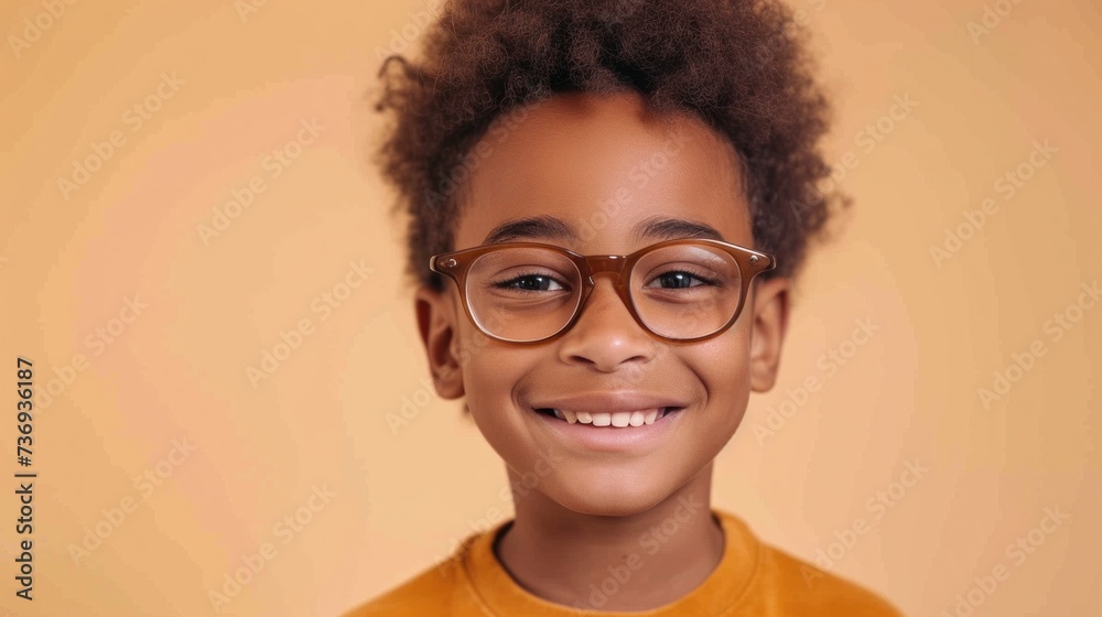 A young child with curly hair wearing glasses and a yellow shirt smiling against a warm orange background. A young child with curly hair wearing glasses and a yellow shirt smiling against a warm orange background.