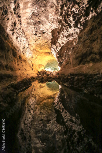 perfect reflection on the water surface of a cave in Lanzarote, canary islands