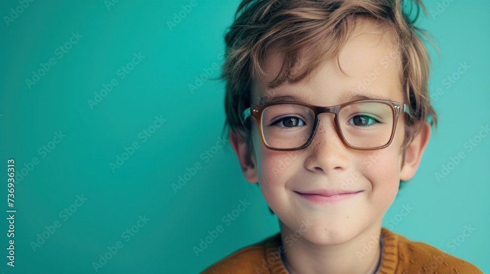 Smiling young boy with glasses and brown hair against a teal background. Smiling young boy with glasses and brown hair against a teal background.