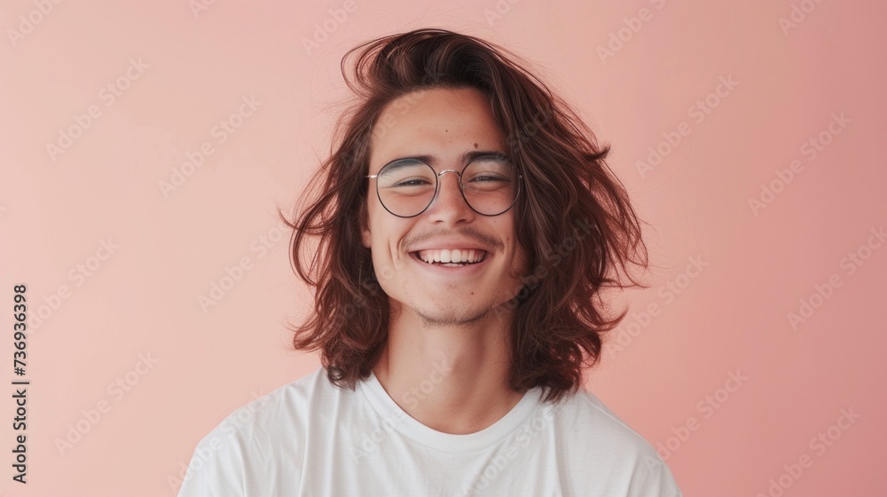 Obraz premium A young man with long hair wearing glasses smiling at the camera against a pink background.