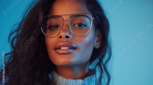 A close-up portrait of a woman with long dark hair wearing large round glasses and a blue turtleneck with a soft blurred blue background.