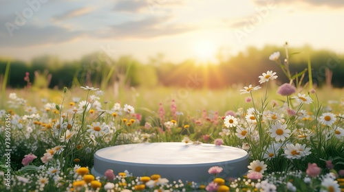 Fototapeta Naklejka Na Ścianę i Meble -  Blank product display podium with summer flowers field meadow on background. Beauty skincare cosmetics presentation. Organic natural concept.