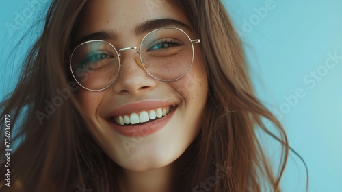 Smiling woman with freckles and glasses against a blue background.