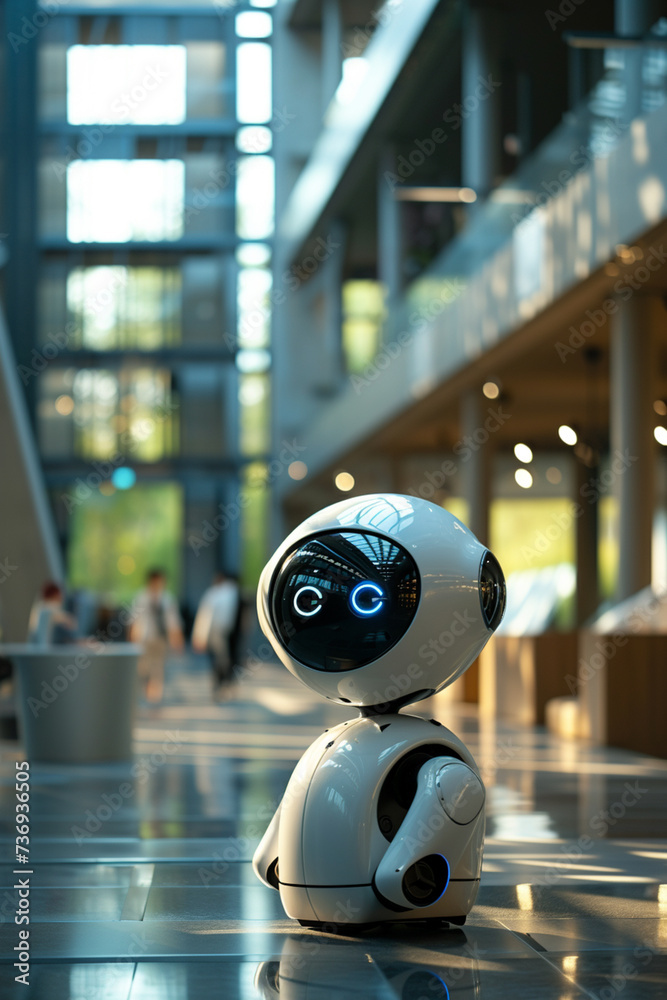 Small robot with artificial intelligence, AI in modern office building, selective focus Small robot with artificial intelligence, AI in modern office building, selective focus