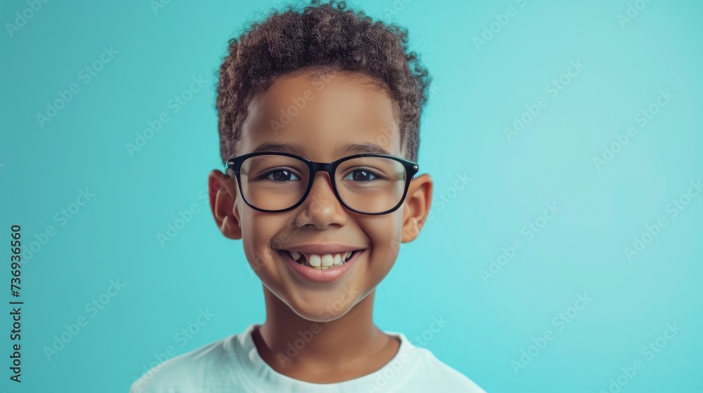 Young boy with glasses and a smile against a blue background. Young boy with glasses and a smile against a blue background.
