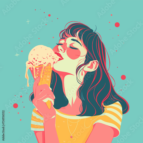 Girl eating ice cream. Happy excited portrait of woman with cone popsicle. Caucasian beautiful young woman model. Delicious cold tasty in summer. Cartoon vector ai illustration