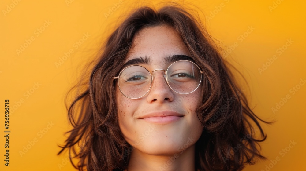 Young person with glasses and curly hair smiling against a yellow background.