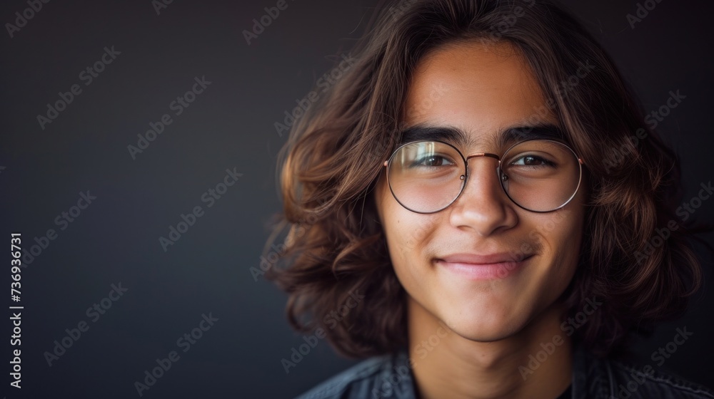 Young man with curly hair and glasses smiling at the camera. Young man with curly hair and glasses smiling at the camera.