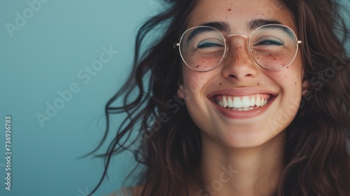 A joyful young woman with freckles wearing round glasses smiling broadly with her eyes closed against a soft blue background.