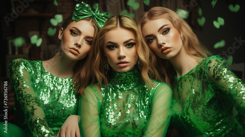 Three beautiful young women in green dresses. Beauty, fashion. Halloween.