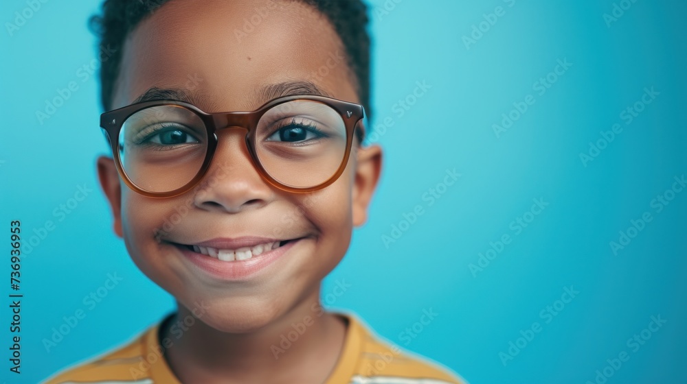 Smiling child with glasses and striped shirt against blue background. Smiling child with glasses and striped shirt against blue background.