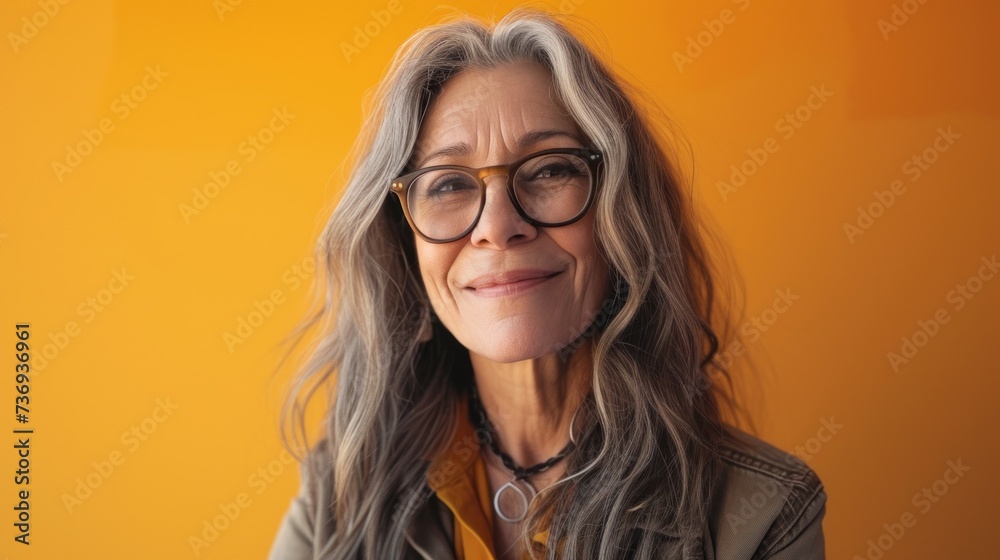 Woman with gray hair glasses and a necklace smiling against a yellow background. Woman with gray hair glasses and a necklace smiling against a yellow background.