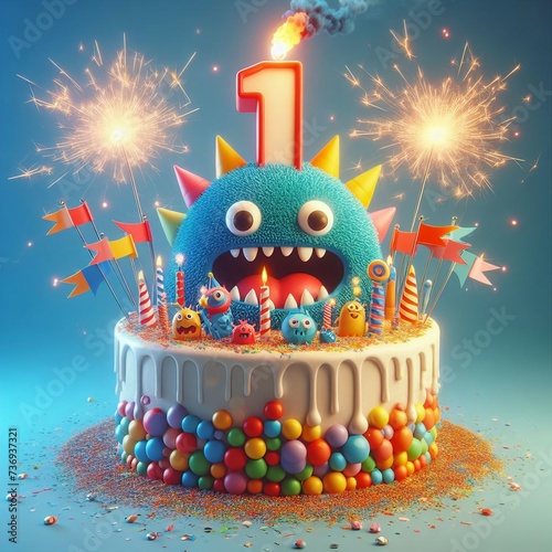 Monstrously Sweet: 3D Monster Celebration for 1st Year Birthday - Isolated on White or Black Background, High-Quality Clipart Illustration photo