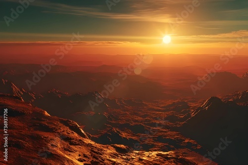 Stock image of the first light of dawn creeping over the horizon of an alien planet, casting shadows over its unique landscapes, exploring new worlds.