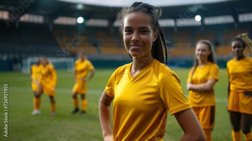 happy young female football/soccer player with her team wearing yellow dresses © Salander Studio