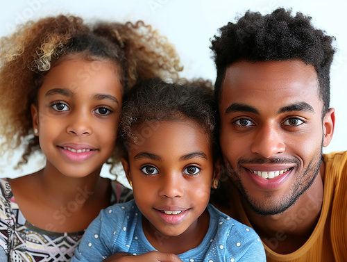famiglia felice di diverse etnie , mono genitore, papà e figlie di colore,  photo
