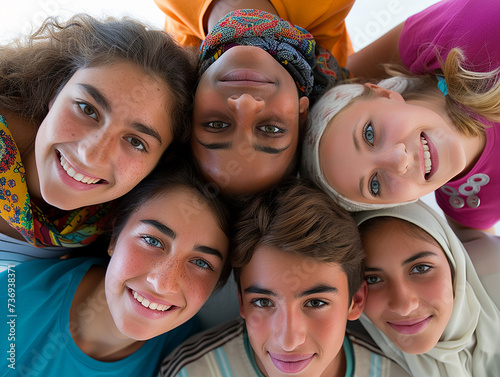 gruppo di amici adolescenti raccolti in cerchio come una squadra di football, visti da sotto, diverse etnie,  generazione z