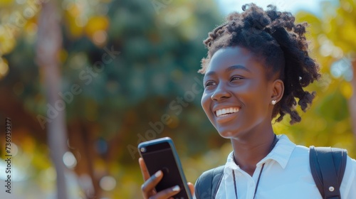 African American Teen Smiling with Smartphone at College Park.