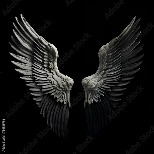Angel wings isolated on black background. 3d render. Symbol of freedom.