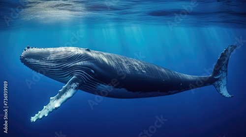 Magnificent Humpback whale swimming in clear blue water