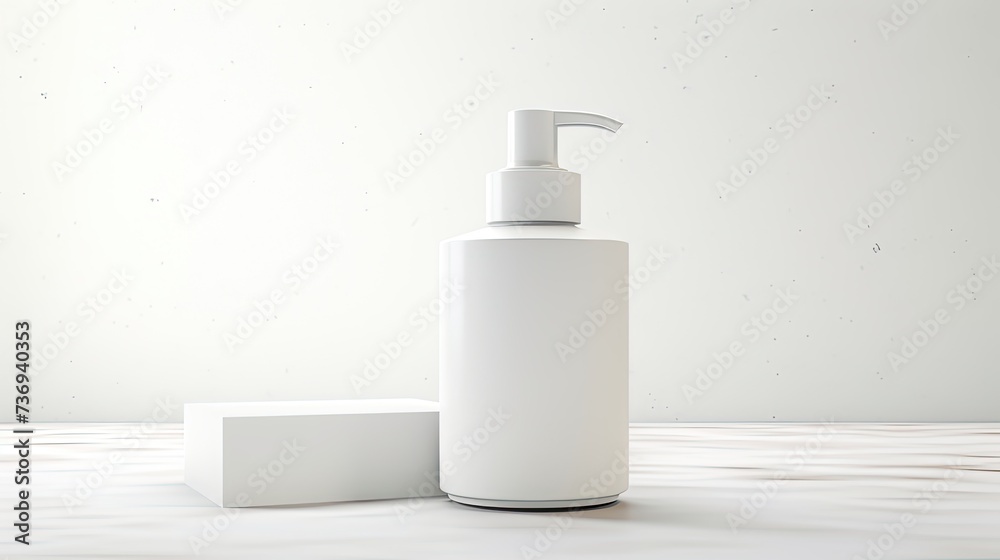 White blank model of serum and lotion, C4D render, on white platform, white blank background White blank model of serum and lotion, C4D render, on white platform, white blank background