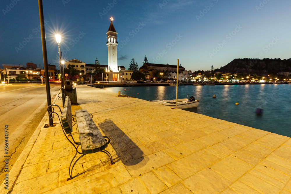 Zakynthos town night scene with light illumination.